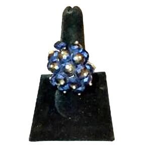 Blue Statement Ring Crystal Beads Adjustable Silver Tone